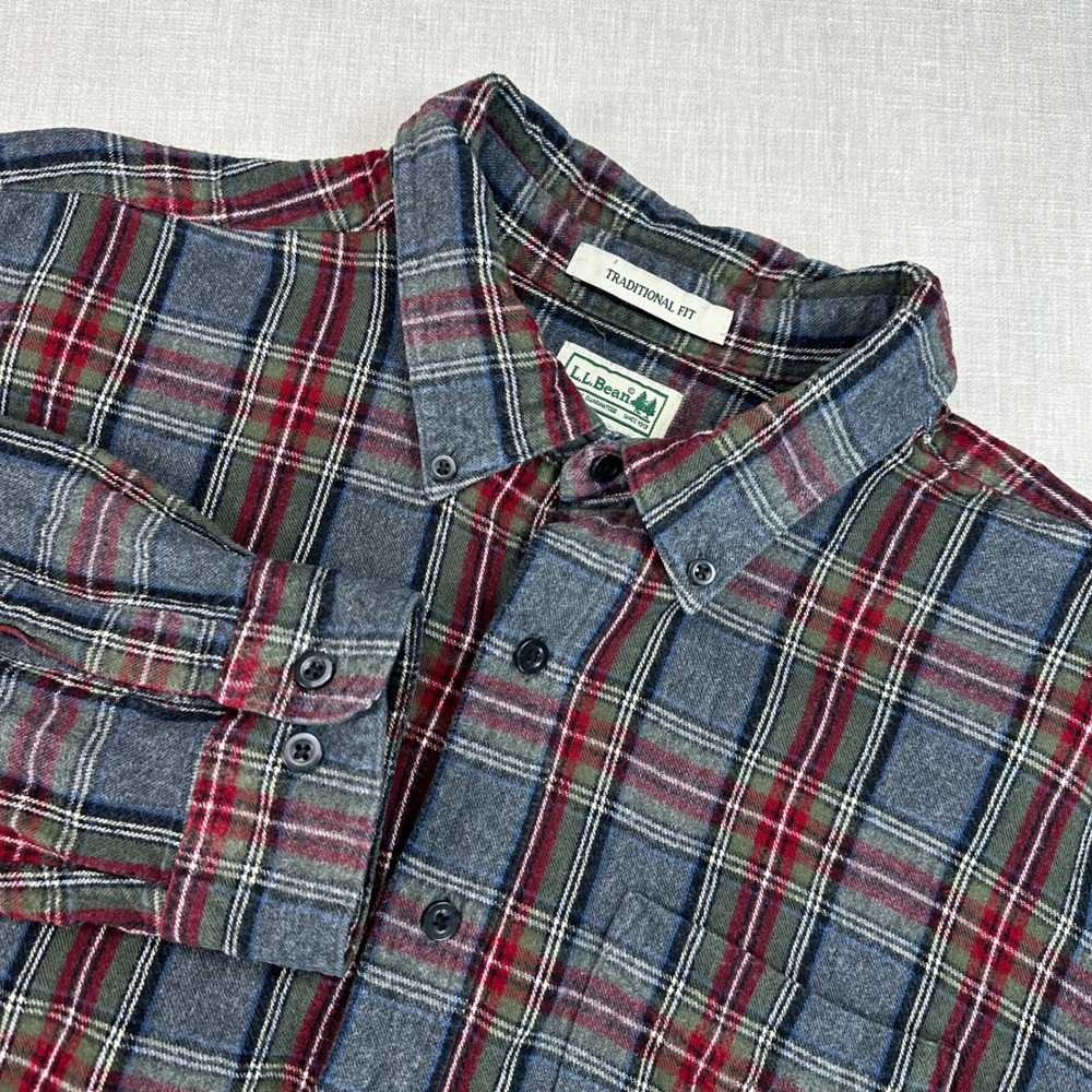 L.L. Bean Flannel Shirt Mens XL-Tall Grey Red Plaid Traditional Fit 228066 EUC